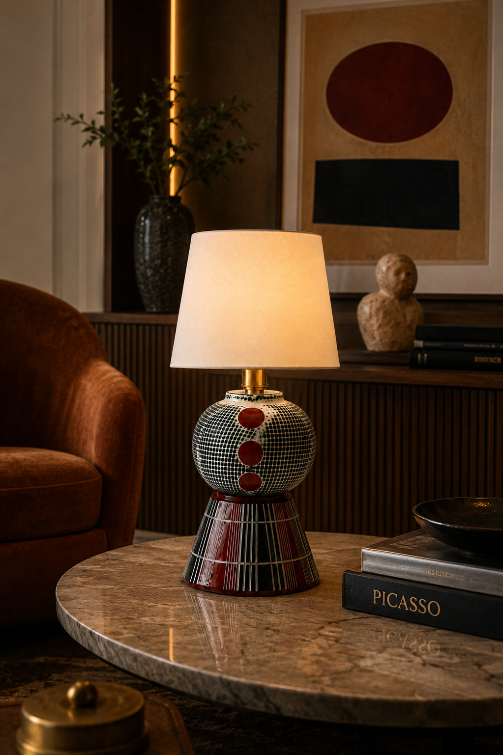 Abajur em porcelana pintada à mão com base esférica em grade preta e branca e círculos vermelhos, aceso sobre mesa de centro em mármore em sala de estar com poltrona terracota