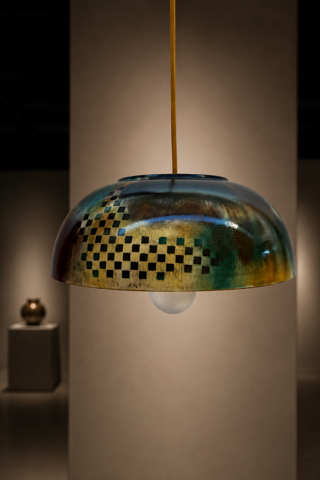Pendente da coleção Silêncios em porcelana pintada à mão, com composição geométrica de quadrados em tons dourados, verdes e azulados
