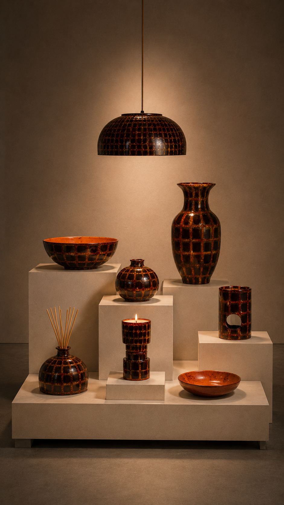 Conjunto de peças da coleção Solos em porcelana pintada à mão, com grade de quadrados em tons de terracota e marrom